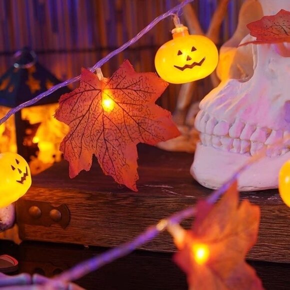 16" LED String Lights with Pumpkin & Maple Leaf - Halloween Decoration - Picture 3 of 6